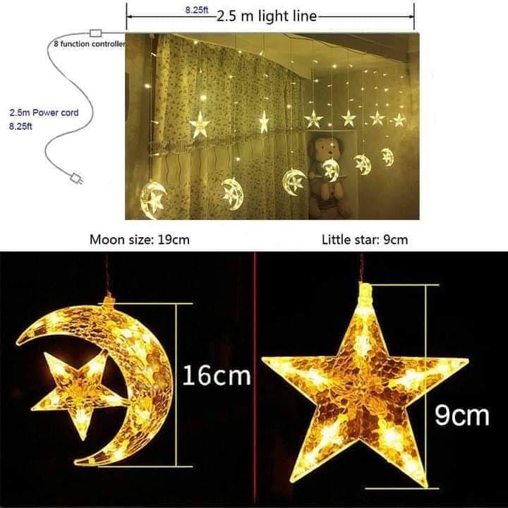 LED Star Moon Curtain Lights, Moon Star String Light with 8 Flashing Modes Decoration for Christmas, Wedding, Party, Home Decorations (Warm White) LED Star Moon Curtain Lights, Moon Star String Light with 8 Flashing Modes Decoration for Christmas, Wedding, Party, Home Decorations (Warm White)